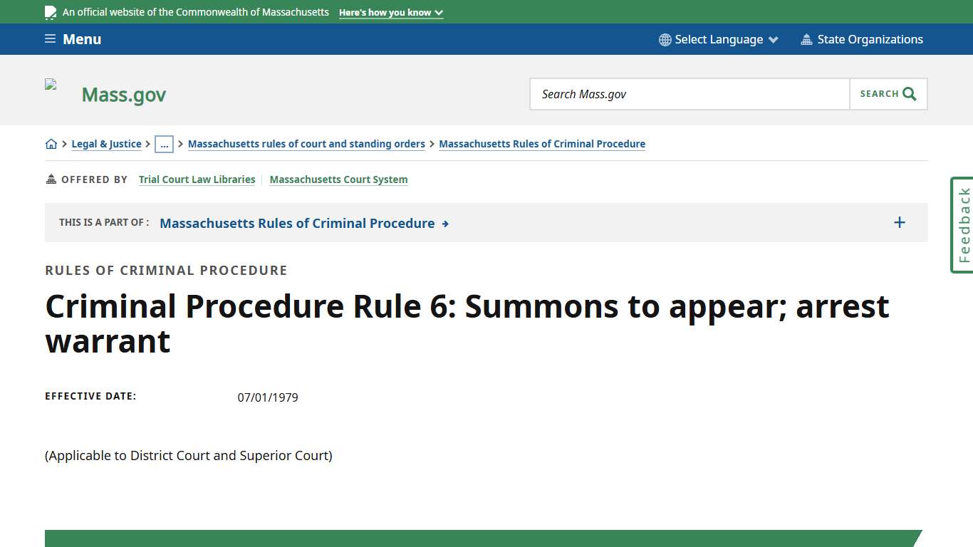 Criminal Procedure Rule 6: Summons to appear; arrest warrant Mass.gov
